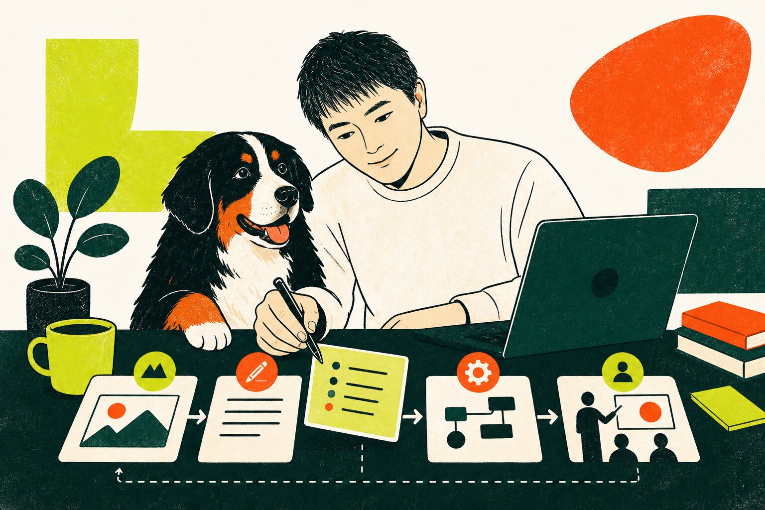 代表が大型犬のそばで画像生成や業務自動化の使い方を整理するイラスト