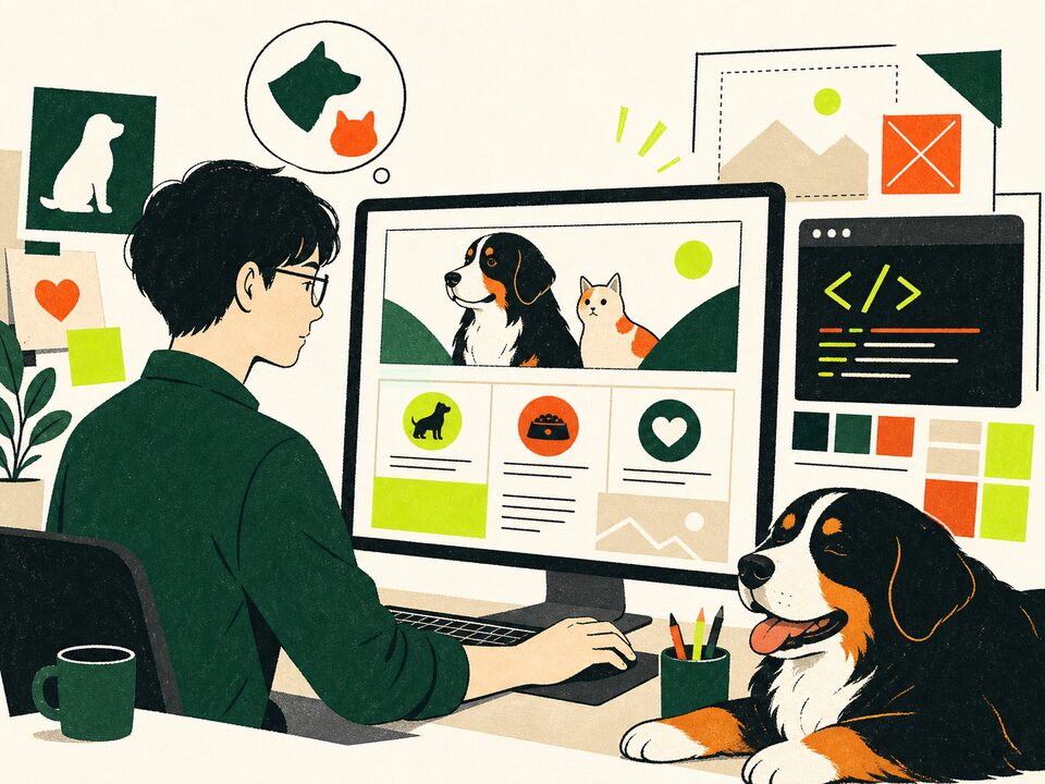 大型犬のそばでペット事業のWebサイトをデザインし開発する様子のイラスト