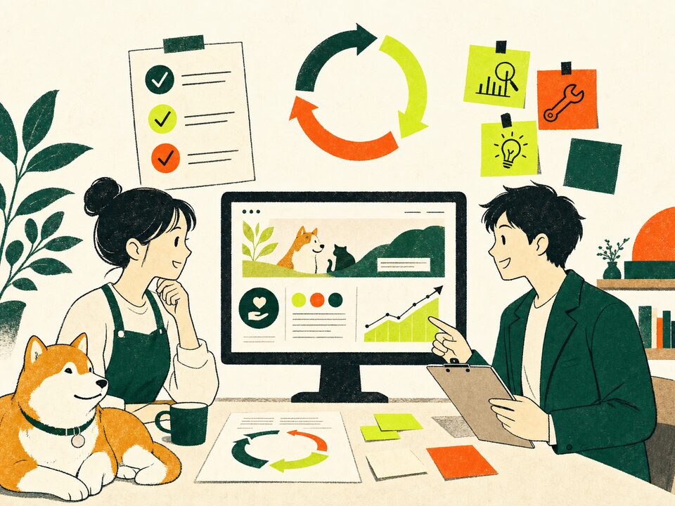 犬のそばで公開後のWebサイトを分析し改善する事業者と担当者のイラスト