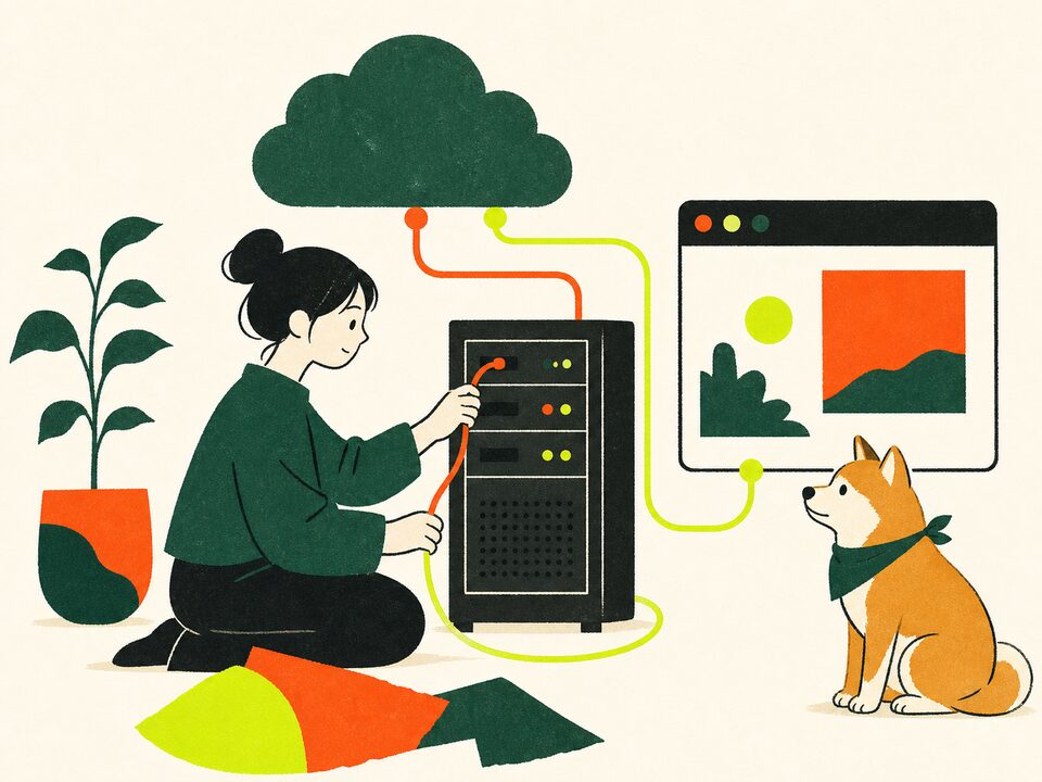 犬のそばでサーバーとWebサイトの公開基盤を整える担当者のイラスト