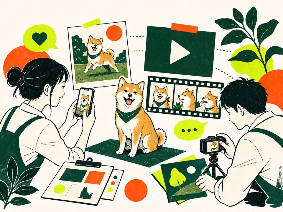 犬を撮影しSNS用の写真と動画を企画するスタッフのイラスト