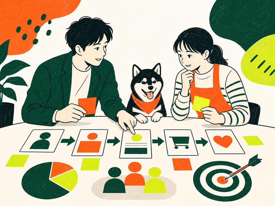 犬と一緒に顧客導線と集客計画を整理する事業者とWeb担当者のイラスト