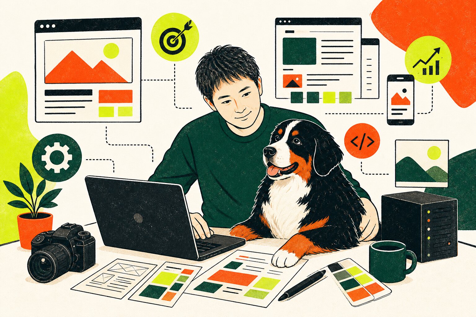 代表が大型犬のそばでWeb制作から運用まで一貫して進めるイラスト
