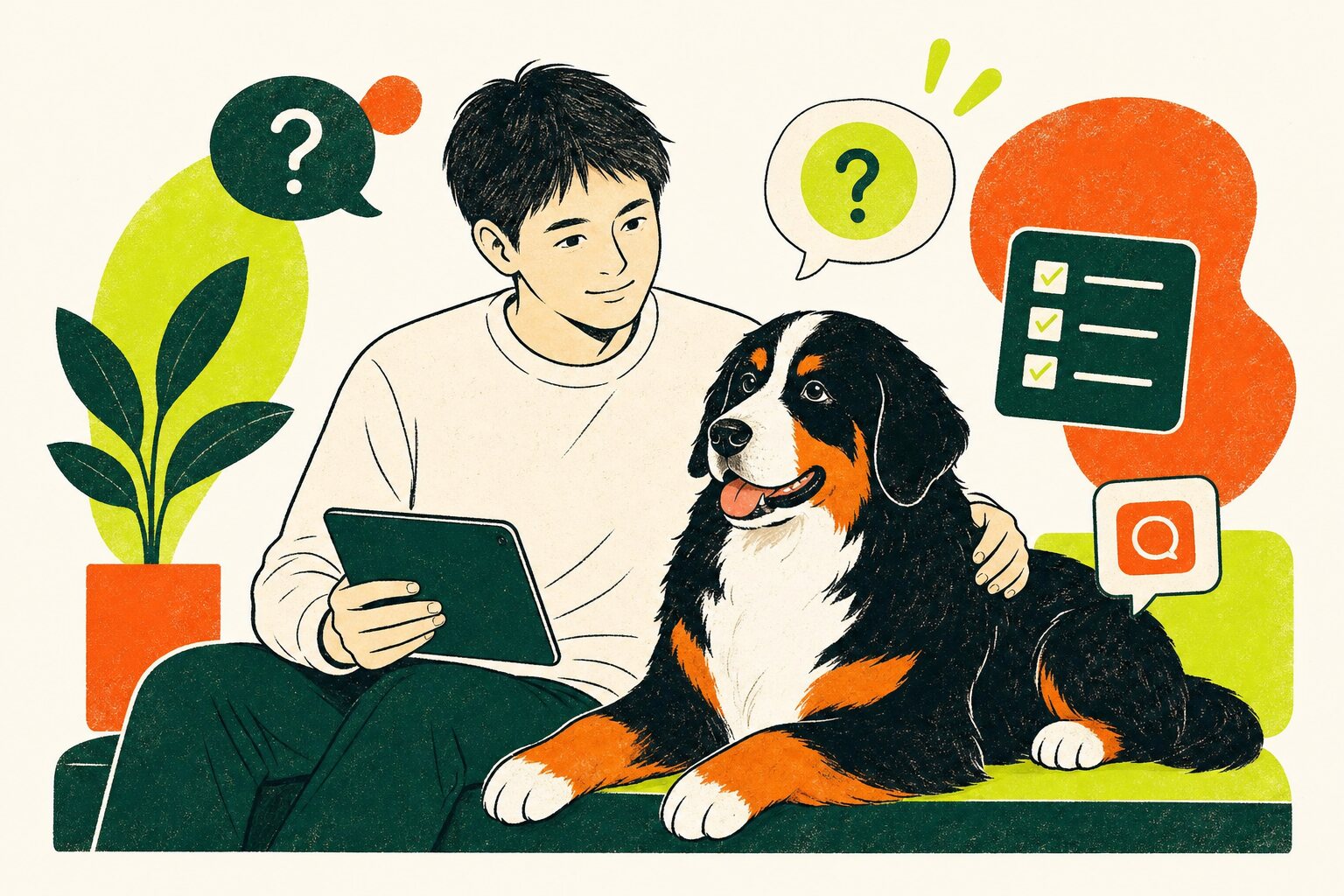代表が大型犬と一緒に質問を受け付ける親しみやすいイラスト
