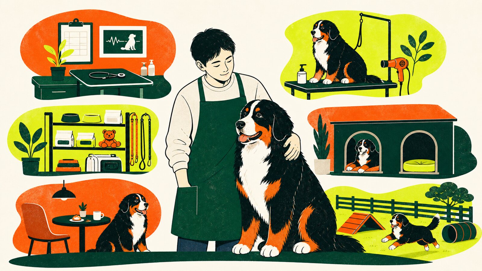 代表と大型犬を中心に6つのペット事業を表現したイラスト