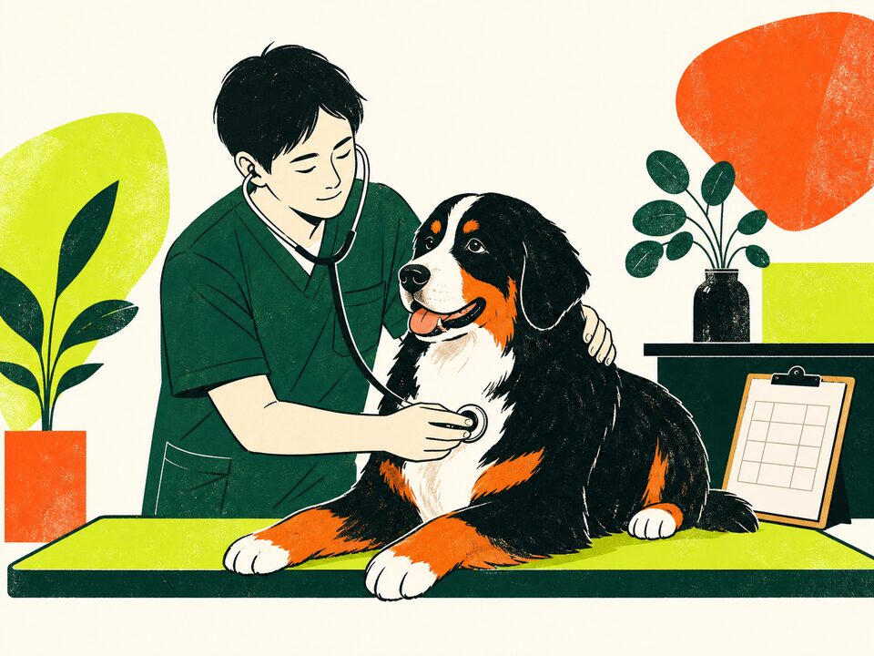 大型犬を診察する獣医師のイラスト
