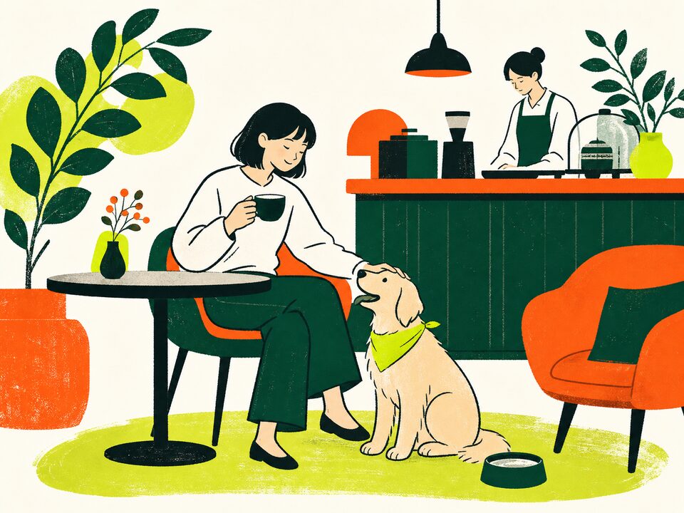 犬と飼い主がゆったり過ごすドッグカフェのイラスト