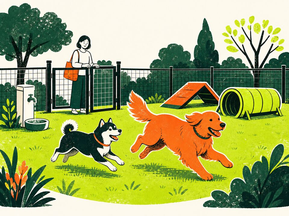 安全な屋外ドッグランを走る大きさの違う犬たちのイラスト