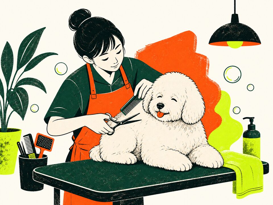 犬を丁寧にグルーミングするスタッフのイラスト