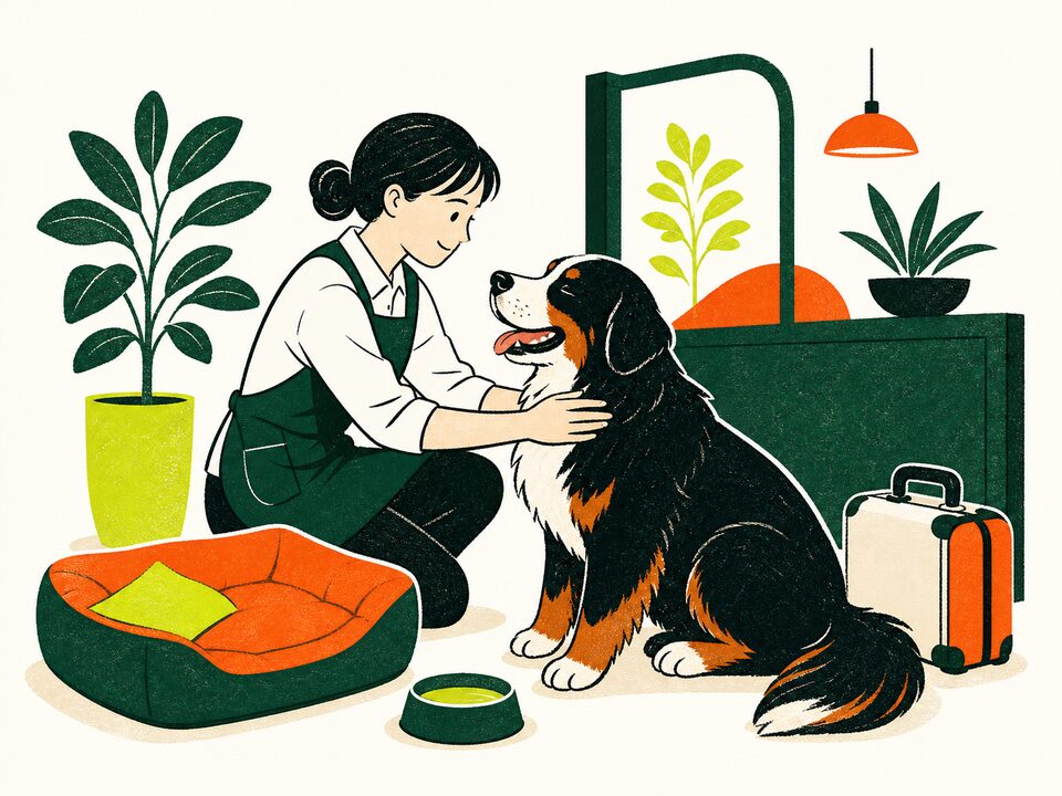 大型犬を安心できる滞在スペースへ迎えるスタッフのイラスト