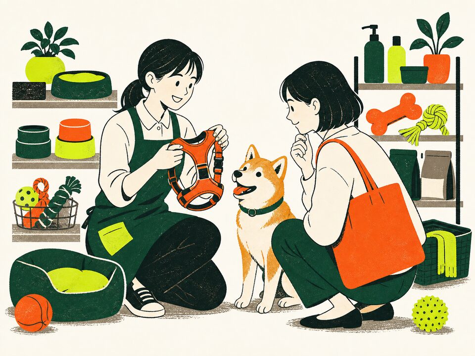 犬用ハーネスを飼い主へ案内するペットショップスタッフのイラスト