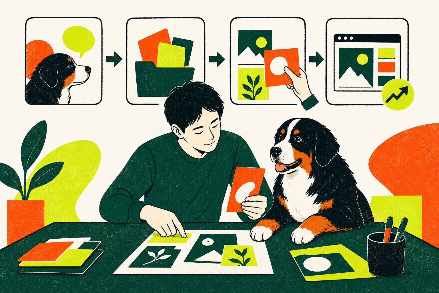 代表が大型犬のそばでヒアリングから公開後の改善までを整理するイラスト