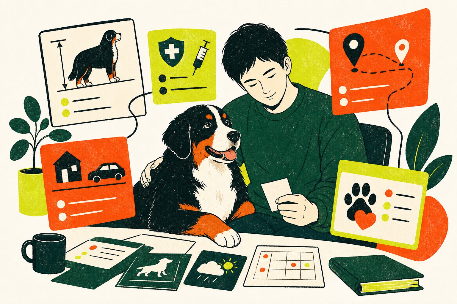 代表が大型犬と一緒に飼い主の不安や利用条件を整理するイラスト